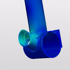 応力の高い箇所はオレンジ色、低い箇所は青色で表示されている