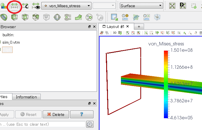 フィルターで範囲を選択してから、ミーゼス応力の最大値を確認します