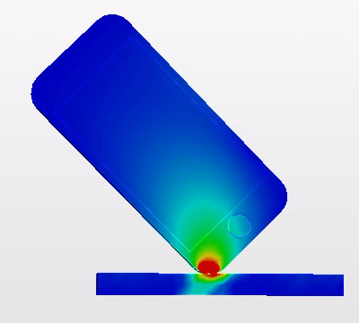 落下0.00004秒後のミーゼス応力の分布
