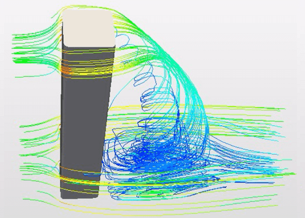 吹き下ろす風により複雑な流れが発生