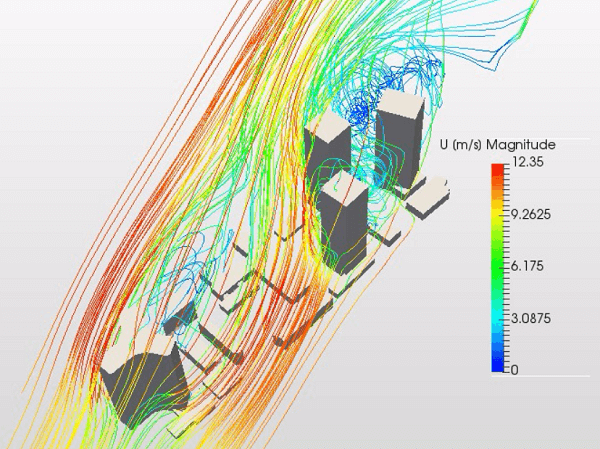 高層ビルの後方に風の渦が発生
