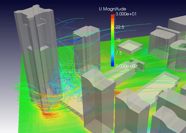 CFDによりビル後方の渦を可視化